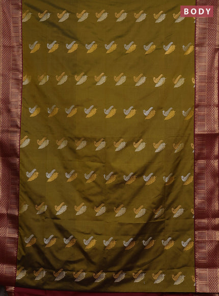 Semi soft silk saree mustard green and maroon with allover zari woven buttas and zari woven border