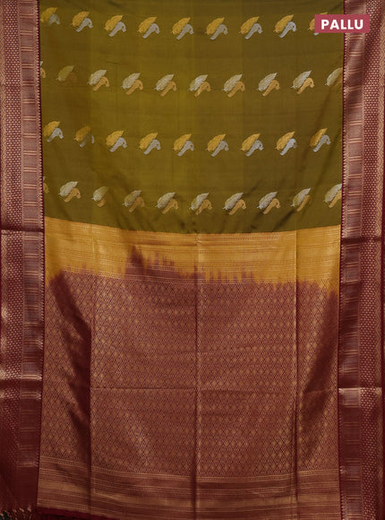 Semi soft silk saree mustard green and maroon with allover zari woven buttas and zari woven border
