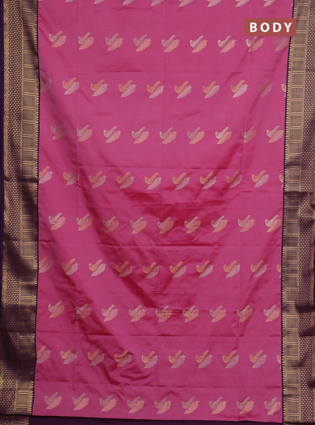 Semi soft silk saree pink and purple with allover zari woven buttas and zari woven border