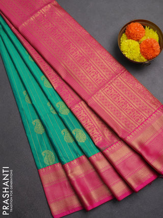 Semi soft silk saree green and pink with allover zari weaves & paisley buttas and zari woven border