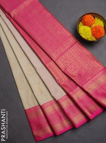 Semi soft silk saree beige and pink with allover zari weaves & paisley buttas and zari woven border