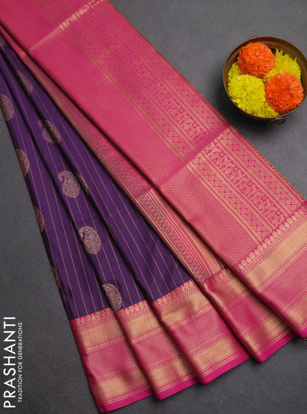 Semi soft silk saree purple and pink with allover zari weaves & paisley buttas and zari woven border