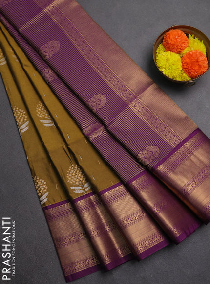 Semi soft silk saree dark mustard and purple with allover silver & gold zari woven buttas and zari woven border
