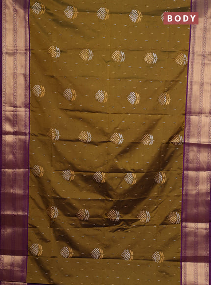 Semi soft silk saree dark mustard and purple with allover silver & gold zari woven buttas and zari woven border