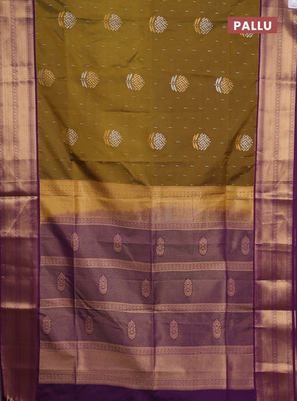 Semi soft silk saree dark mustard and purple with allover silver & gold zari woven buttas and zari woven border