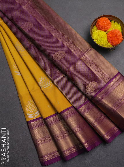 Semi soft silk saree mustard yellow and purple with allover silver & gold zari woven buttas and zari woven border