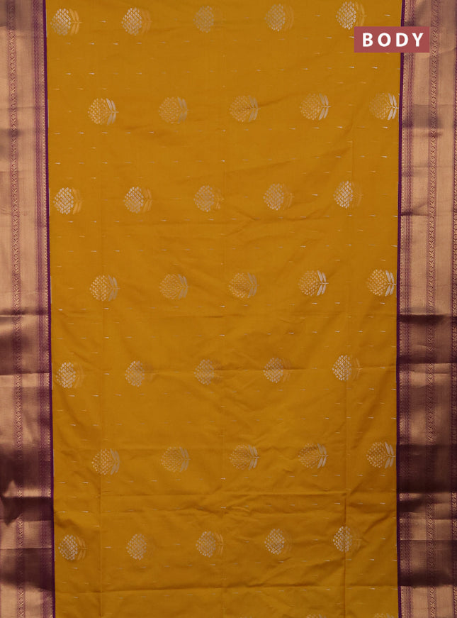 Semi soft silk saree mustard yellow and purple with allover silver & gold zari woven buttas and zari woven border