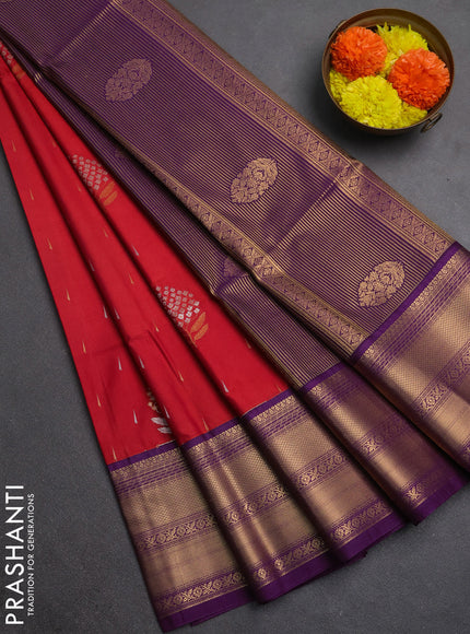 Semi soft silk saree red and purple with allover silver & gold zari woven buttas and zari woven border