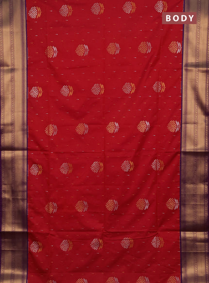 Semi soft silk saree red and purple with allover silver & gold zari woven buttas and zari woven border