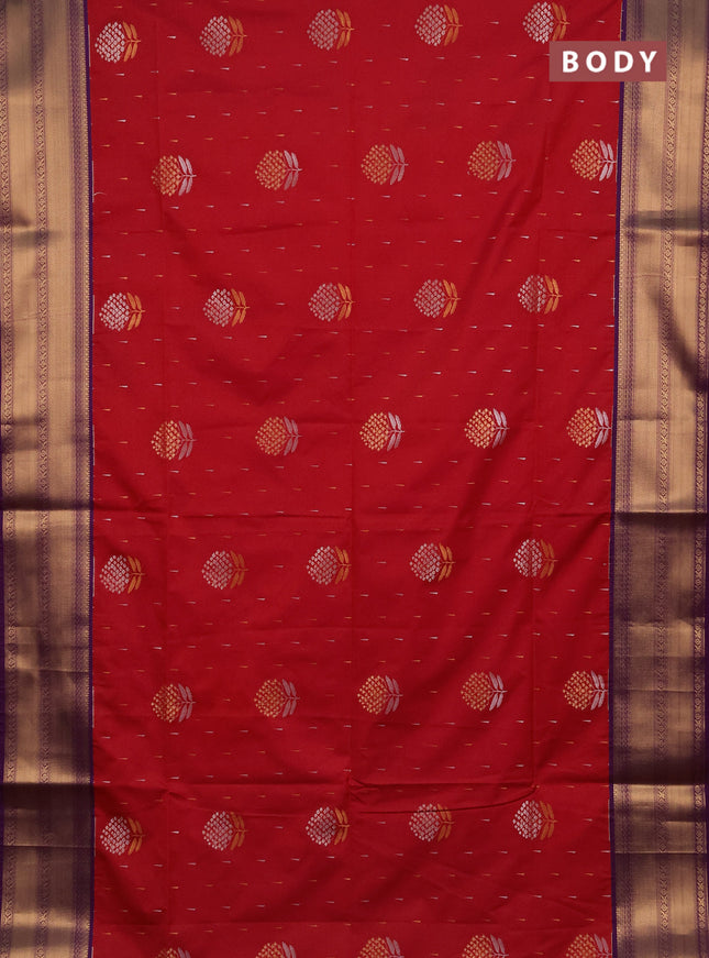 Semi soft silk saree red and purple with allover silver & gold zari woven buttas and zari woven border
