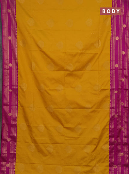 Semi soft silk saree mustard yellow and magenta pink with allover zari woven buttas and rettapet zai woven butta border