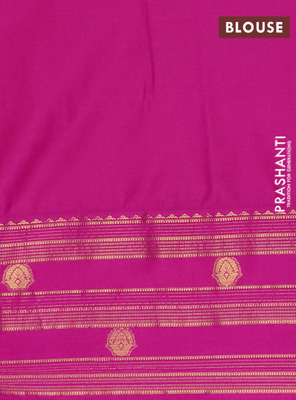 Semi soft silk saree mustard yellow and magenta pink with allover zari woven buttas and rettapet zai woven butta border