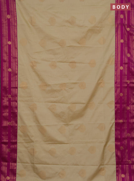 Semi soft silk saree beige and magenta pink with allover zari woven buttas and rettapet zai woven butta border