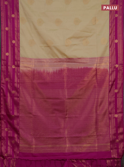 Semi soft silk saree beige and magenta pink with allover zari woven buttas and rettapet zai woven butta border