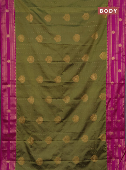 Semi soft silk saree mehendi green and magenta pink with allover zari woven buttas and rettapet zai woven butta border