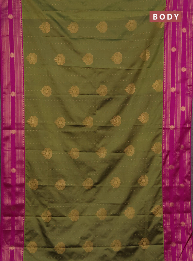 Semi soft silk saree mehendi green and magenta pink with allover zari woven buttas and rettapet zai woven butta border