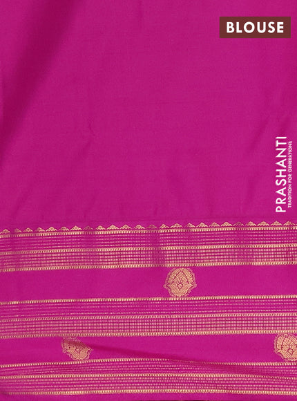 Semi soft silk saree mehendi green and magenta pink with allover zari woven buttas and rettapet zai woven butta border