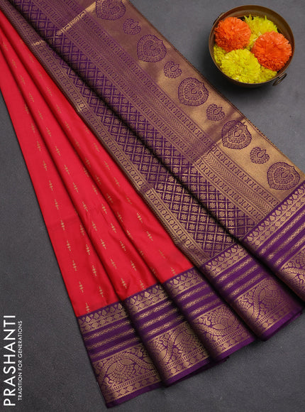 Semi soft silk saree red and purple with allover silver & gold zari woven buttas and zari woven border