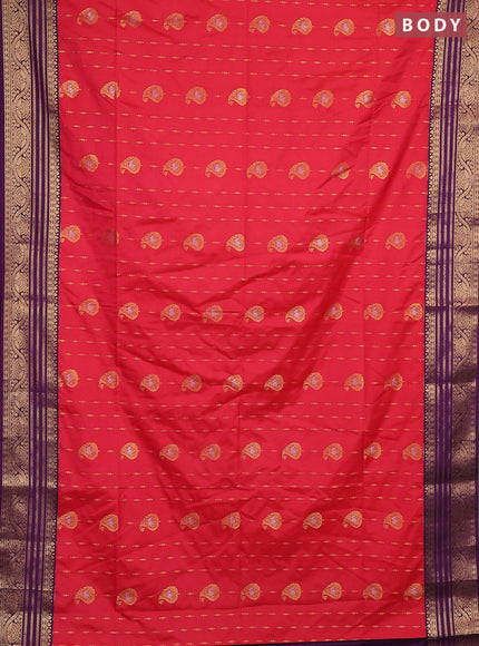 Semi soft silk saree red and purple with allover silver & gold zari woven buttas and zari woven border