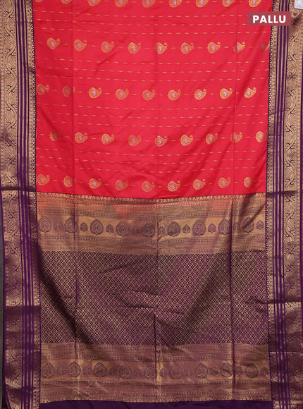 Semi soft silk saree red and purple with allover silver & gold zari woven buttas and zari woven border