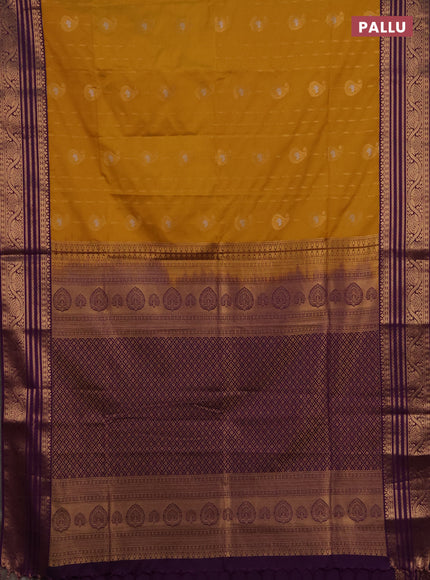 Semi soft silk saree mustard yellow and purple with allover silver & gold zari woven buttas and zari woven border