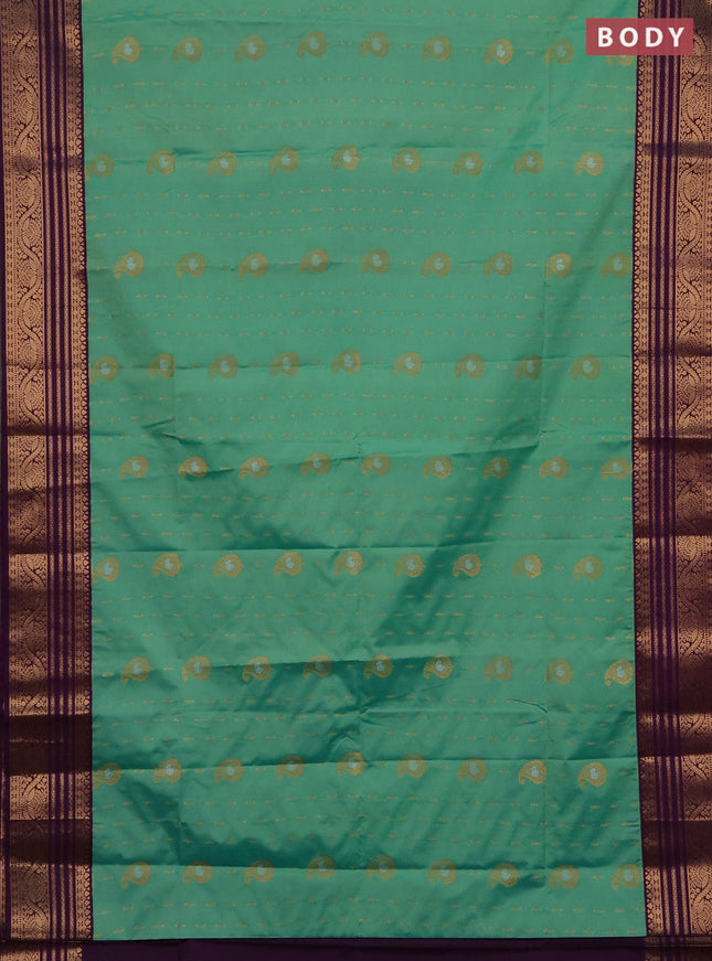 Semi soft silk saree light green and purple with allover silver & gold zari woven buttas and zari woven border