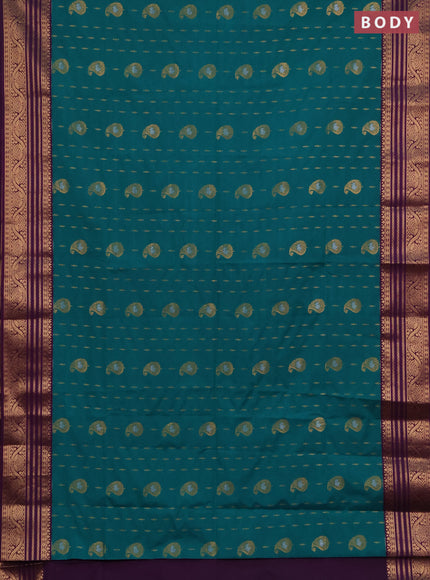 Semi soft silk saree teal green and purple with allover silver & gold zari woven buttas and zari woven border
