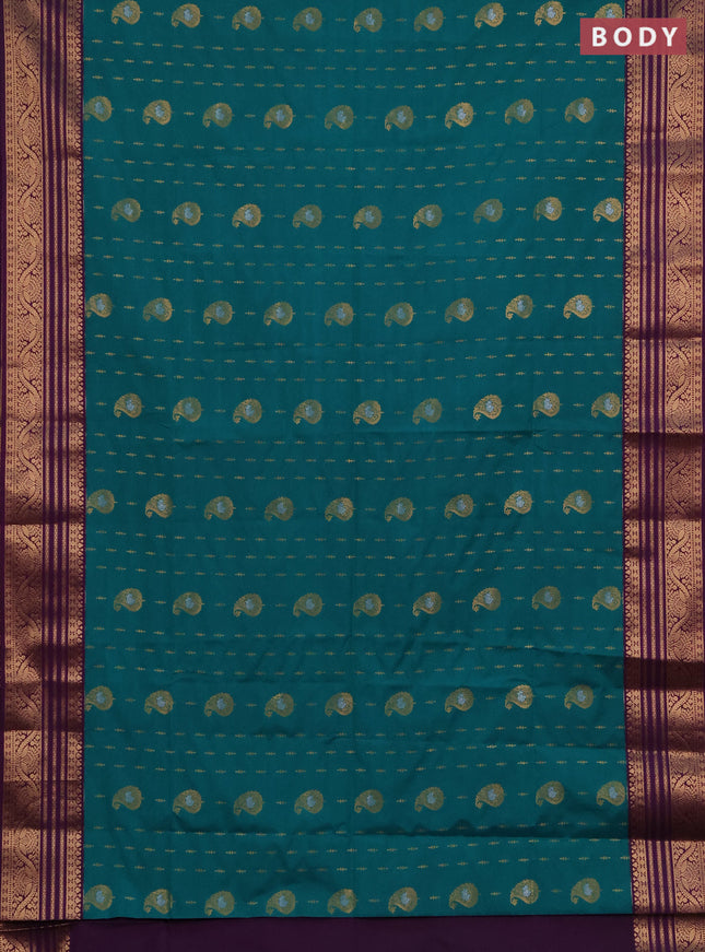 Semi soft silk saree teal green and purple with allover silver & gold zari woven buttas and zari woven border
