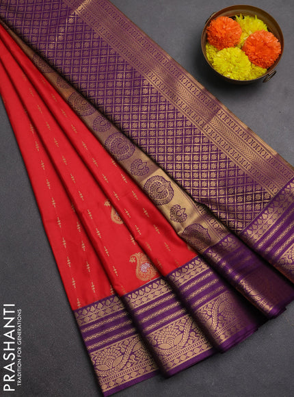 Semi soft silk saree red and purple with allover silver & gold zari woven buttas and zari woven border