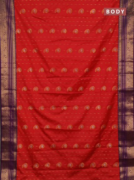 Semi soft silk saree red and purple with allover silver & gold zari woven buttas and zari woven border