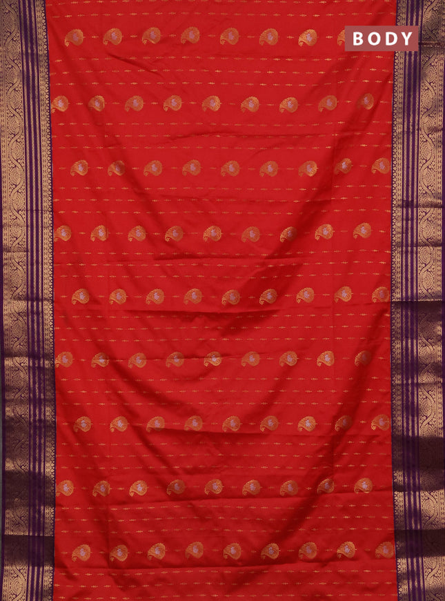 Semi soft silk saree red and purple with allover silver & gold zari woven buttas and zari woven border
