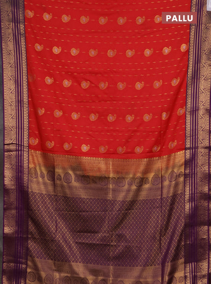 Semi soft silk saree red and purple with allover silver & gold zari woven buttas and zari woven border