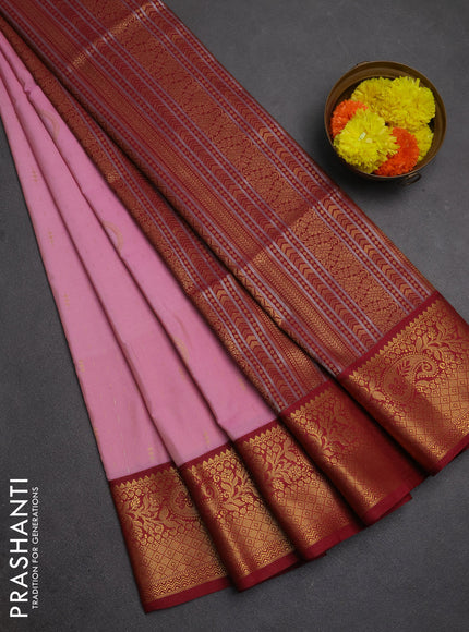 Semi soft silk saree light pink and maroon with allover zari weaves & buttas and zari woven border