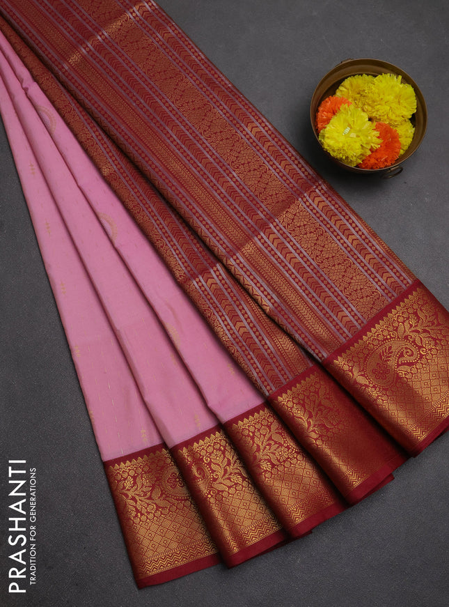 Semi soft silk saree light pink and maroon with allover zari weaves & buttas and zari woven border
