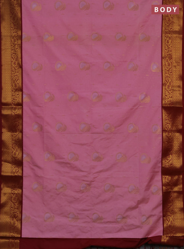 Semi soft silk saree light pink and maroon with allover zari weaves & buttas and zari woven border