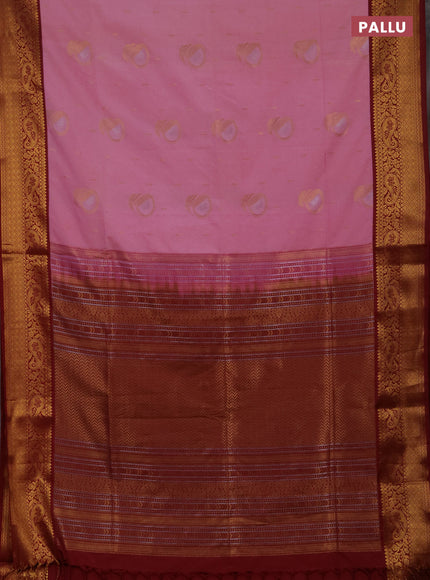 Semi soft silk saree light pink and maroon with allover zari weaves & buttas and zari woven border