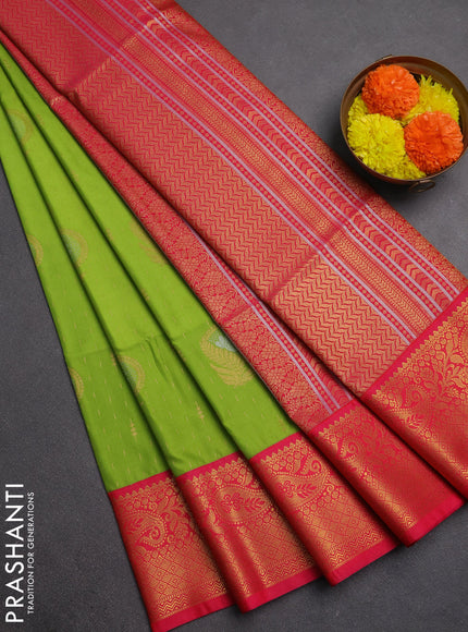 Semi soft silk saree light green and pink with allover zari weaves & buttas and zari woven border