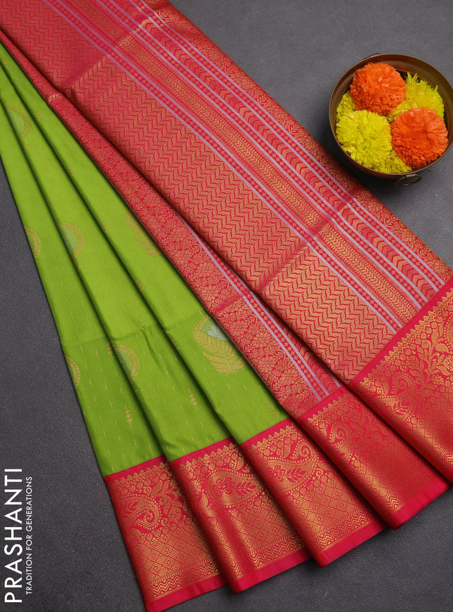 Semi soft silk saree light green and pink with allover zari weaves & buttas and zari woven border