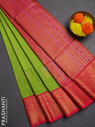 Semi soft silk saree light green and pink with allover zari weaves & buttas and zari woven border