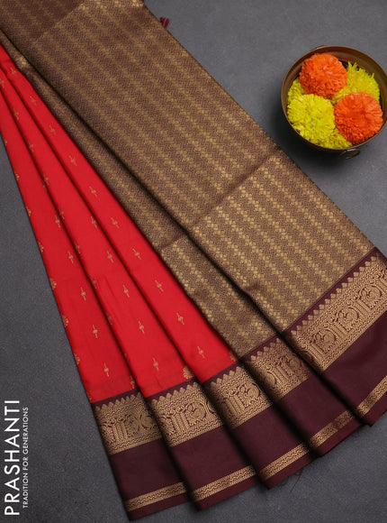 Semi soft silk saree red and maroon with allover zari woven buttas and rettapet zari woven border