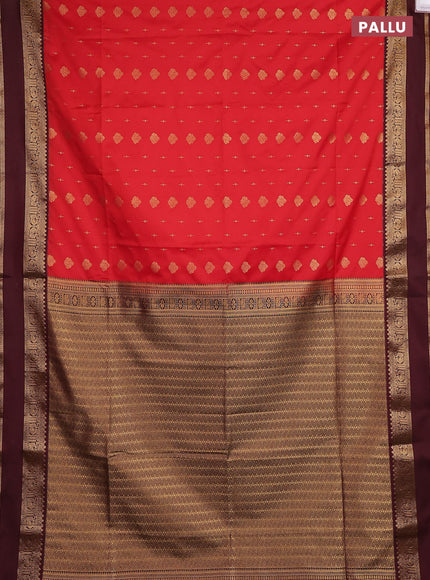 Semi soft silk saree red and maroon with allover zari woven buttas and rettapet zari woven border