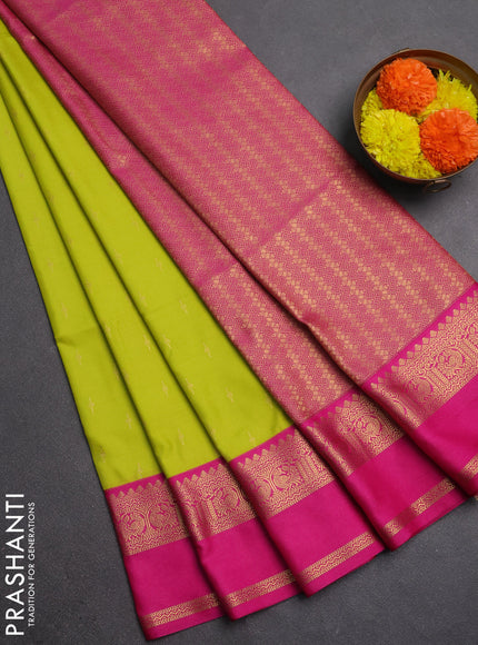 Semi soft silk saree lime green and pink with allover zari woven buttas and rettapet zari woven border