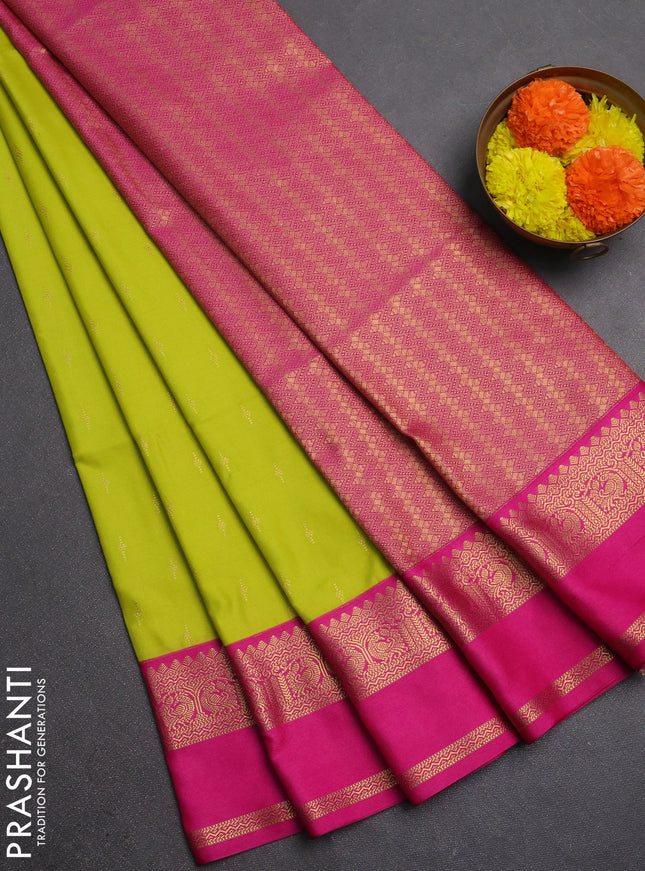 Semi soft silk saree lime green and pink with allover zari woven buttas and rettapet zari woven border