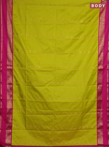 Semi soft silk saree lime green and pink with allover zari woven buttas and rettapet zari woven border
