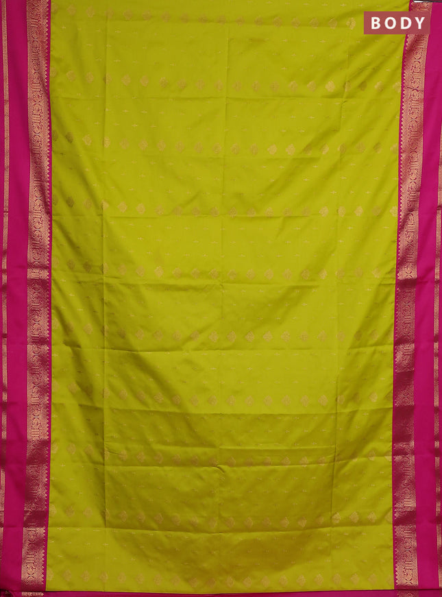 Semi soft silk saree lime green and pink with allover zari woven buttas and rettapet zari woven border