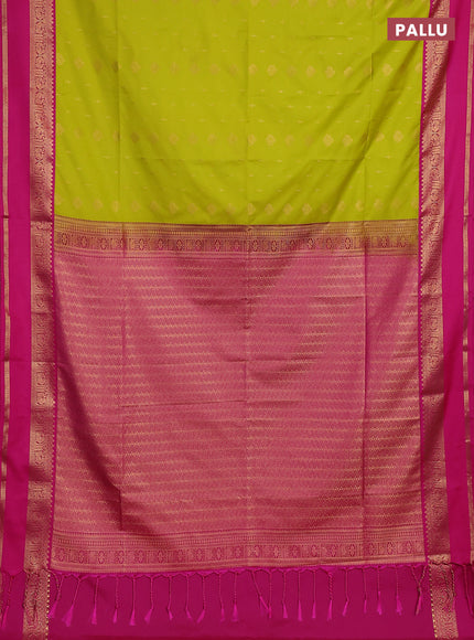 Semi soft silk saree lime green and pink with allover zari woven buttas and rettapet zari woven border