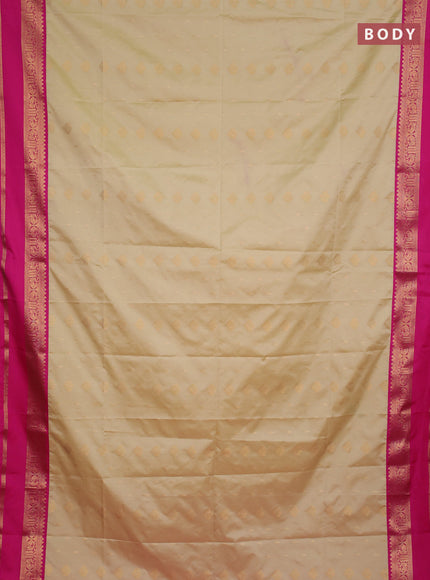 Semi soft silk saree beige and pink with allover zari woven buttas and rettapet zari woven border