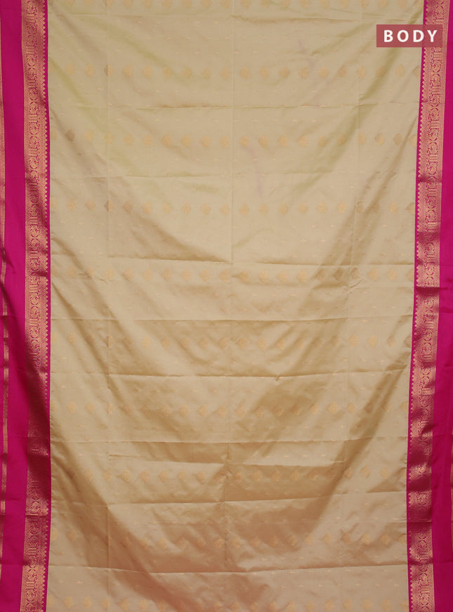 Semi soft silk saree beige and pink with allover zari woven buttas and rettapet zari woven border