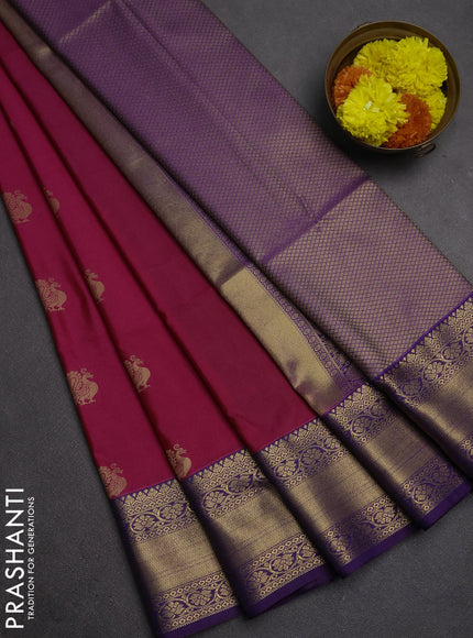 Semi soft silk saree pink and purple with allover zari woven buttas and zari woven border
