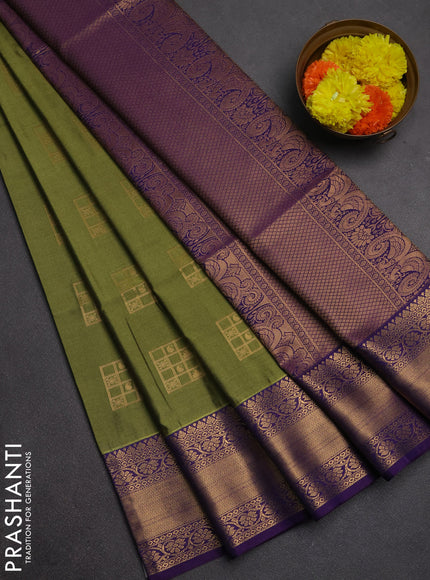 Semi soft silk saree mehendi green and violet with allover zari woven buttas and zari woven border